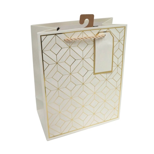 Saco de papel asa cordão geométrico bege/dourado 18x23x10cm
