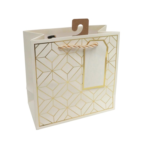 Saco de papel asa cordão geométrico bege/dourado 15x15x7,5cm