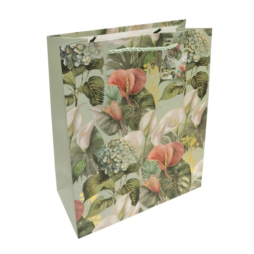 Saco de papel asa cordão floral verde/multicor 25,5x32x12cm