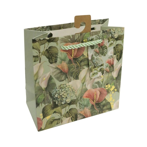 Saco de papel asa cordão floral verde/multicor 15x15x7,5cm