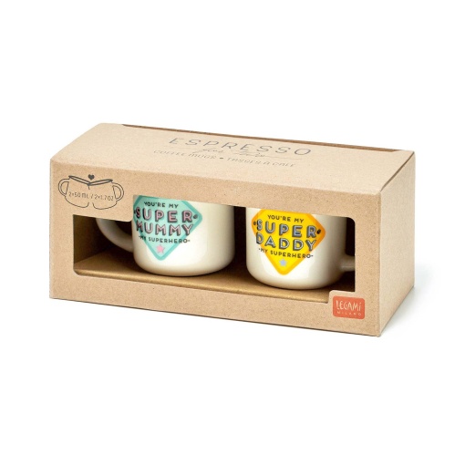 Juego de 2 tazas de café LEGAMI Espresso para dos "Super Mommy & Super Daddy", 50 ml.