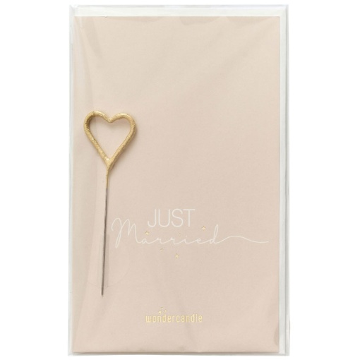 Sparkler candle with WonderCandle card, golden heart, "Just Married"