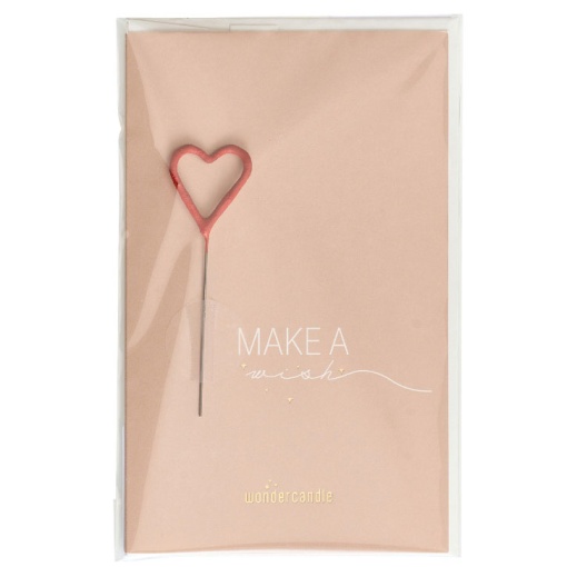WonderCandle pink heart sparkler candle with "Make a Wish" card.