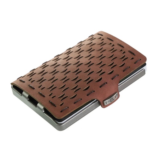 I-CLIP Original Silver card/bill holder with brown coin purse.