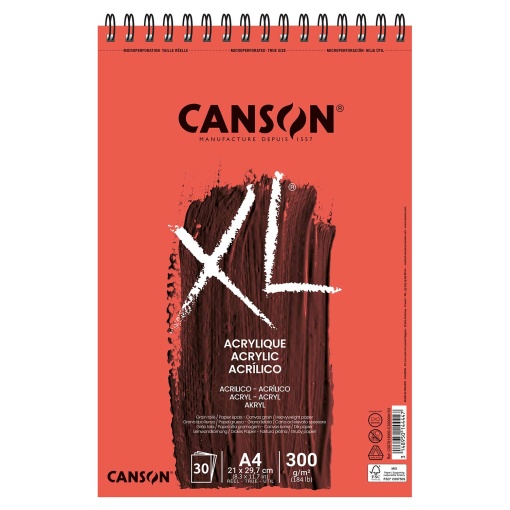 Bloc de notas acrílico en espiral CANSON XL A4 de 300 g, 30 hojas, grano fino.