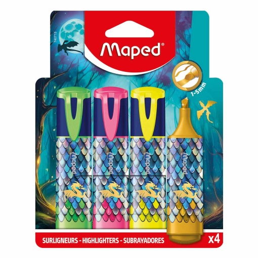 Sublinhador fluorescente MAPED Dragon - 3 cores néon + dourado