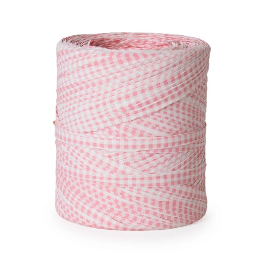Rollo de rafia Polyraphia STAR, 15 mm x 200 m, estampado de cuadros vichy rosa.
