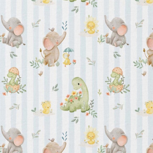 Tecido digital dinossauros/elefantes azul/branco 1x1,50m 2483/3