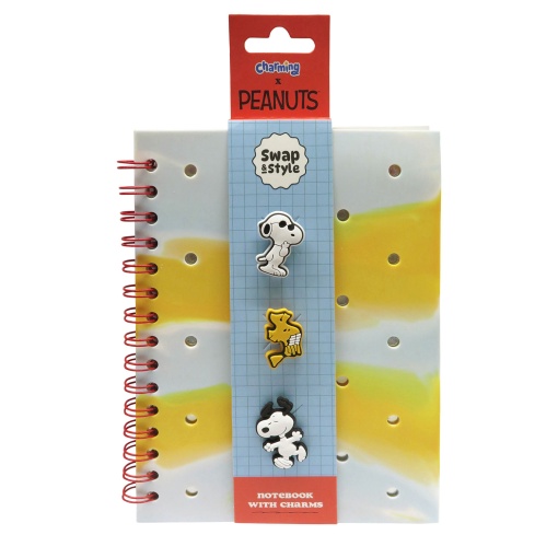 Caderno A5 espiral capa silicone com charms Peanuts Snoopy & Woodstock pautado 80 folhas 70g