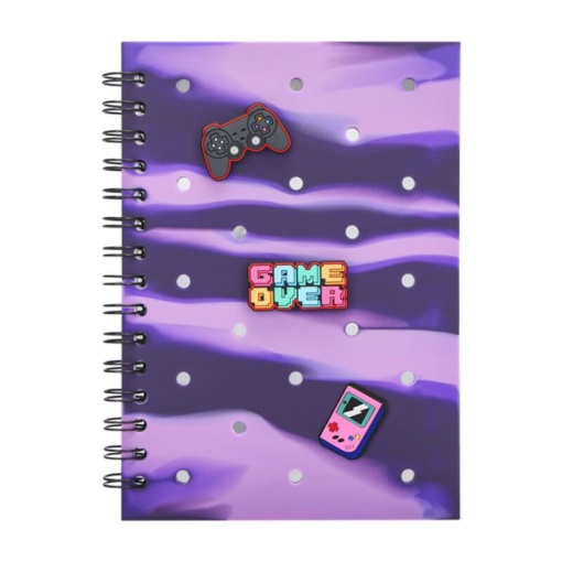 Caderno A5 espiral capa silicone com charms Game Over pautado 80 folhas 70g