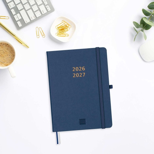 Agenda escolar semanal A5 2026/27 18 meses FINOCAM Minimal azul con banda elástica