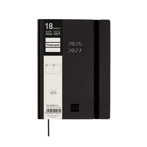 Agenda escolar diária 120x170mm 2026/27 18 meses FINOCAM Mara negro com elástico