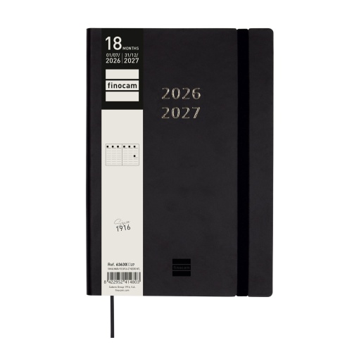 Agenda escolar semanal A5 2026/27 18 meses FINOCAM Mara negra con banda elástica