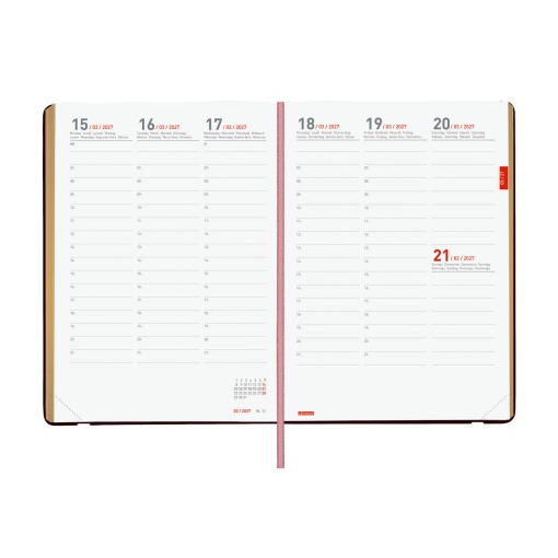 Agenda escolar semanal A5 2026/27, 18 meses, FINOCAM Mara niña con banda elástica.