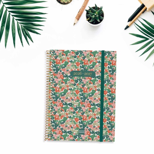 Agenda escolar semanal tamaño A5 para el curso 2026/27, 18 meses, encuadernada en espiral, diseño de margarita FINOCAM con cierre elástico.