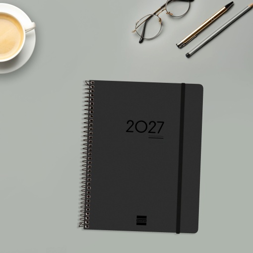 Agenda escolar semanal A5 2026/27 16 meses espiral FINOCAM Ikon negro com elástico