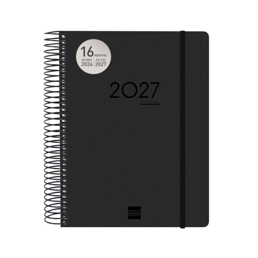 Agenda escolar diária A5 2026/27 16 meses espiral FINOCAM Ikon negro com elástico