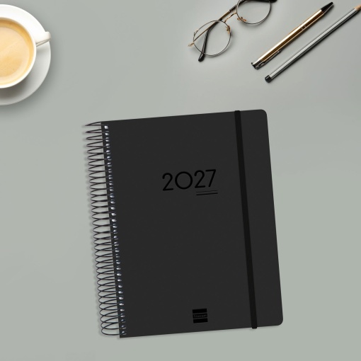 Agenda escolar diária A5 2026/27 16 meses espiral FINOCAM Ikon negro com elástico