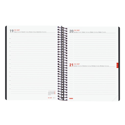 Agenda escolar diária A5 2026/27 16 meses espiral FINOCAM Ikon negro com elástico