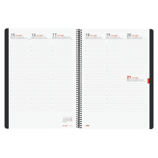 Agenda escolar semanal A4 2026/27, 16 meses, encuadernación en espiral FINOCAM Ikon negra con cierre elástico.