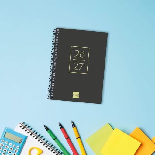 Agenda escolar diária 120x164mm 2026/27 12 meses espiral FINOCAM Gamma negro