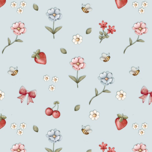 Tecido Fuxicos e Fricotes Frutas Vermelhas jardim morangos azul 1x1,50m