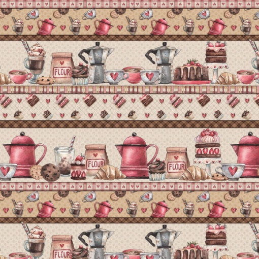 Tecido Fuxicos e Fricotes Café com Amigas barrado 1x1,50m