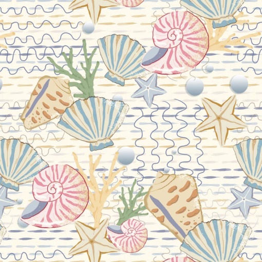 Tecido Fuxicos e Fricotes Férias conchas 1x1,50m