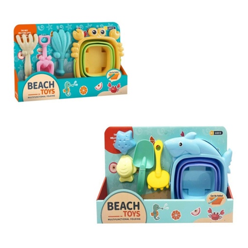 Conjunto de playa con cubo plegable + juguetes en colores pastel surtidos.