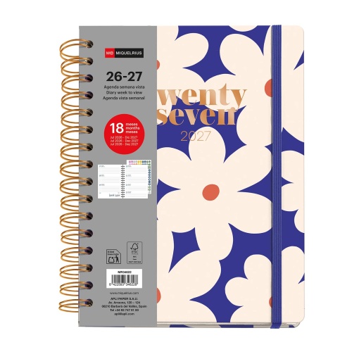 AGENDA ESCOLAR SEMANAL A5 2026/27 18 MESES ESPIRAL MIQUELRIUS PLUS WIRE-O BOLD DAISY COM ELASTICO MR34622