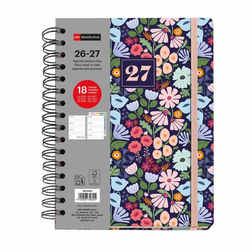 AGENDA ESCOLAR SEMANAL A5 2026/27 18 MESES ESPIRAL MIQUELRIUS PLUS WIRE-O BLACK BLOOM COM ELASTICO MR34620