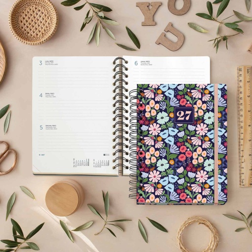 AGENDA ESCOLAR SEMANAL A5 2026/27 18 MESES ESPIRAL MIQUELRIUS PLUS WIRE-O BLACK BLOOM COM ELASTICO MR34620