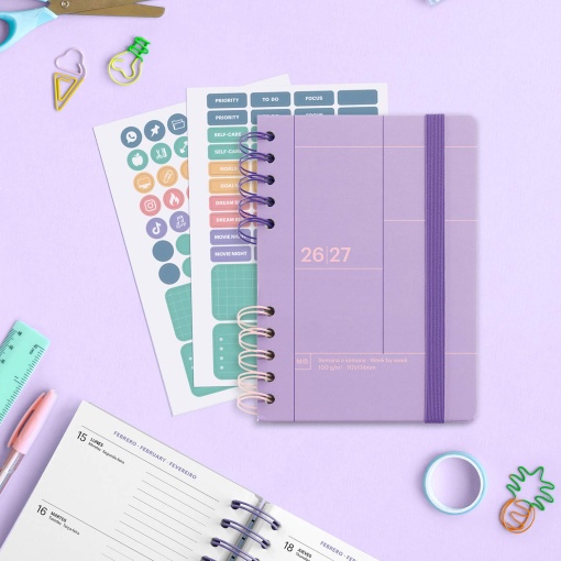 AGENDA ESCOLAR SEMANAL A5 2026/27 12 MESES ESPIRAL MIQUELRIUS BACK TO BASICS ACTIVA MALVA COM ELASTICO MR21283