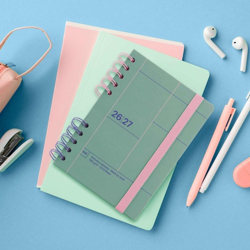 AGENDA ESCOLAR SEMANAL A5 2026/27 12 MESES ESPIRAL MIQUELRIUS BACK TO BASICS ACTIVA VERDE COM ELASTICO MR21288