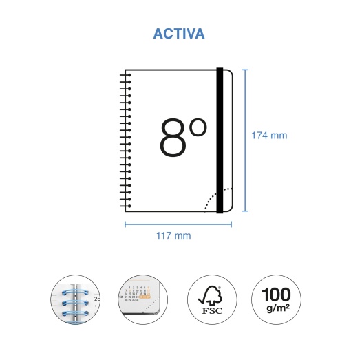 AGENDA ESCOLAR DIARIA A5 2026/27 12 MESES ESPIRAL MIQUELRIUS BACK TO BASICS ACTIVA MALVA COM ELASTICO MR21282