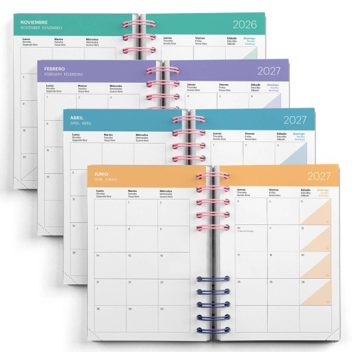 Agenda escolar diária A5 2026/27 12 meses espiral MIQUELRIUS Back to Basics Activa verde com elástico