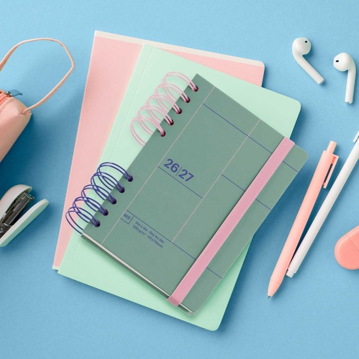 Agenda escolar diária A5 2026/27 12 meses espiral MIQUELRIUS Back to Basics Activa verde com elástico