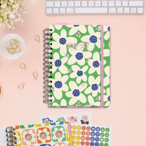 Agenda escolar semanal A5 2026/27 12 meses espiral MIQUELRIUS Sandra Hutter Green Bloom com elástico