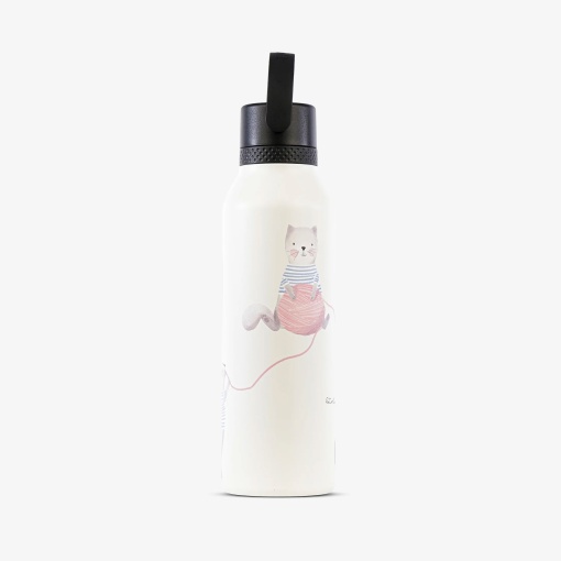 Termo RUNBOTT Mii La Tortuguita Blanca de 600 ml con adorable diseño de lana de gato.