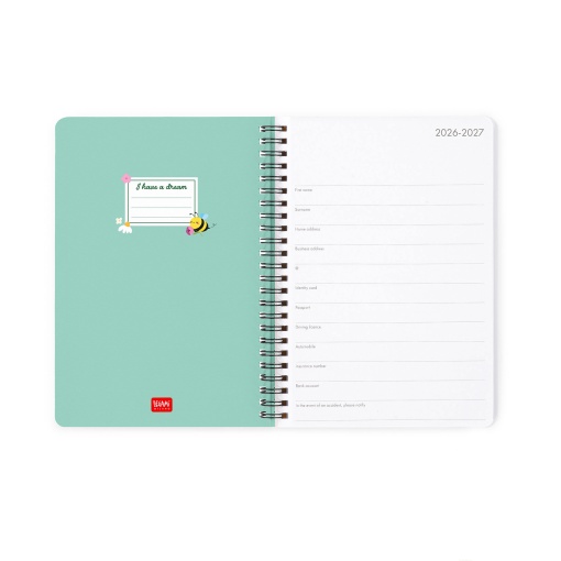 Agenda escolar semanal A5 2026/27 16 meses espiral LEGAMI Bee com elástico