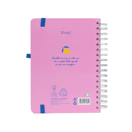 A5 daily school planner 2026/27 12 months spiral bound MR. WONDERFUL "If life gives you lemons..." with elastic band