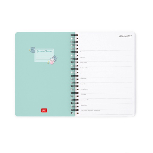 Weekly school planner A5 2026/27 16 months spiral bound LEGAMI Kitty Bubble Tea with elastic closure