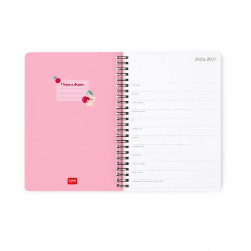 Agenda escolar semanal A5 2026/27 16 meses espiral LEGAMI Teddy Bear Cherry Pink com elástico