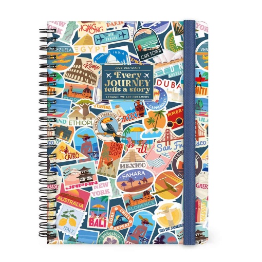 Agenda escolar semanal A5 2026/27 16 meses espiral LEGAMI Travel Stickers com elástico
