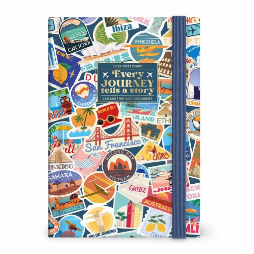 Agenda escolar diária 120x180 mm 2026/27 16 meses LEGAMI Travel Stickers com elástico
