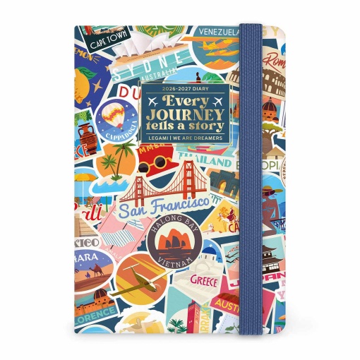 Agenda escolar semanal A6 2026/27 16 meses LEGAMI Travel Stickers com elástico