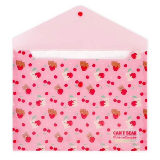 A4 envelope-style document pouch with button closure, LEGAMI Fold & Order Teddy Bear Cherry "Can't Bear This Cuteness"