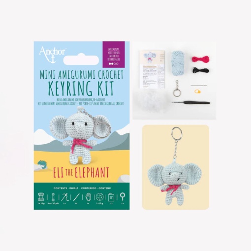 ANCHOR Amigurumi crochet kit, Eli the elephant keychain.