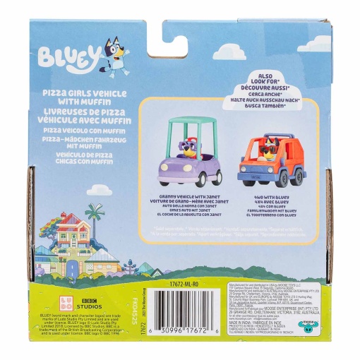 Bluey - Camión de pizzas para niñas con figura de magdalena + vehículo de alce