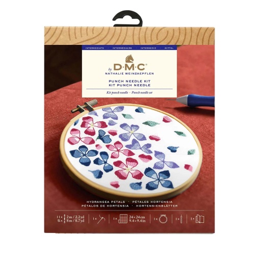 Kit Punch Needle DMC com moldura circular 14,5 cm pétalas de hortênsia